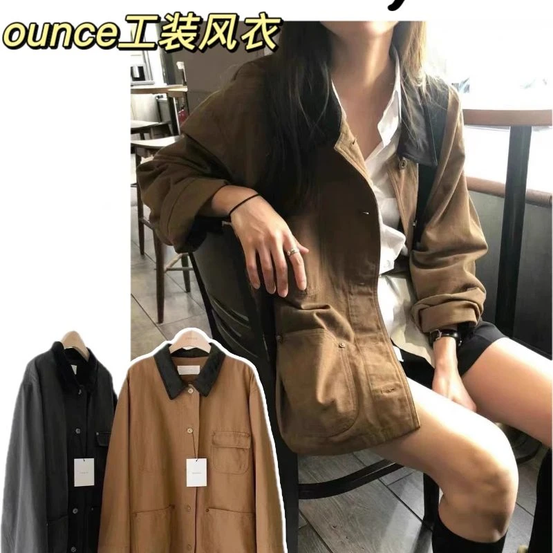 4002【工装风衣】Y韩系ONU撞色领风衣外套拼色工装风单排扣夹克外套