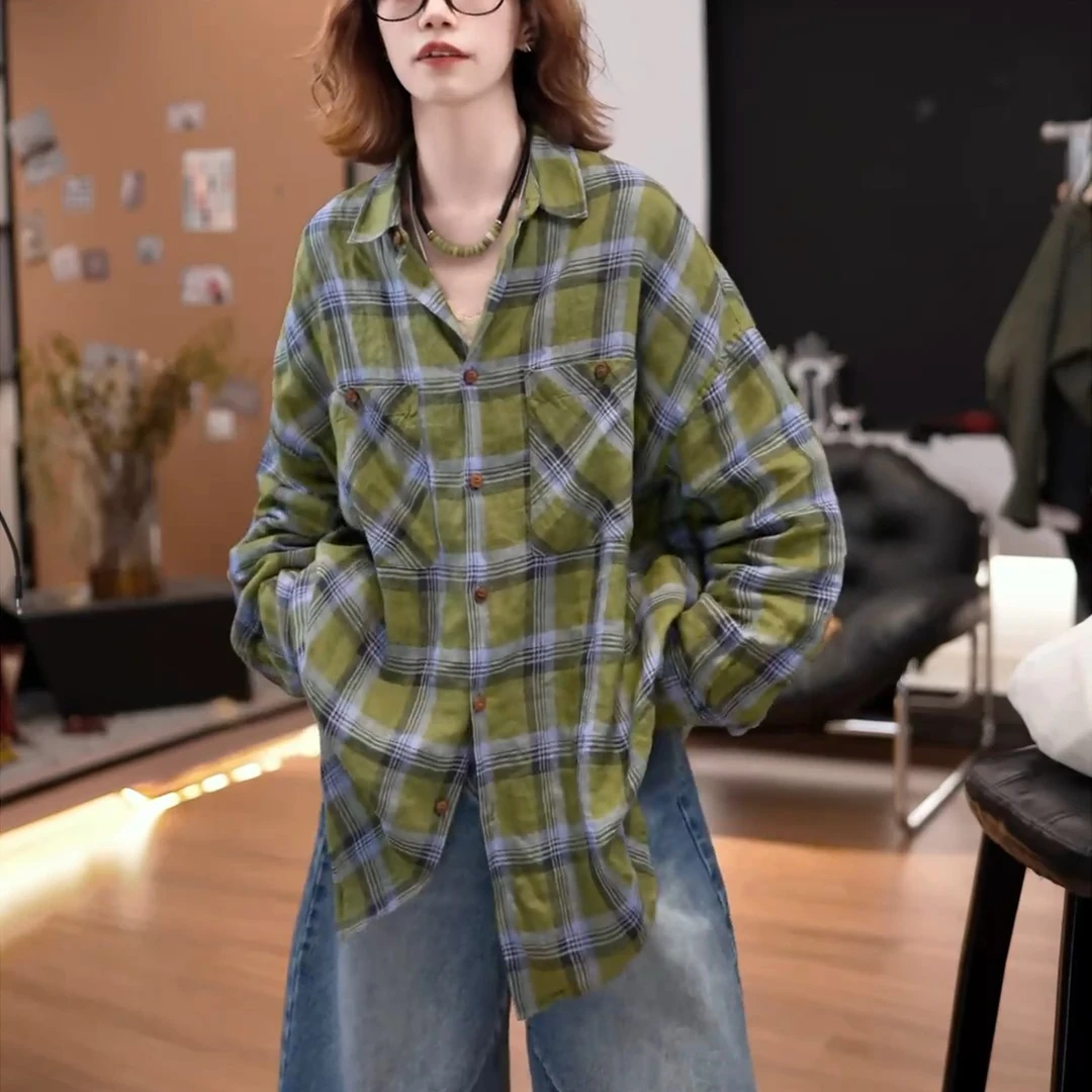 2025夏季新款休闲宽松显瘦小衫上衣潮大码时尚绿色格子长袖衬衫女
