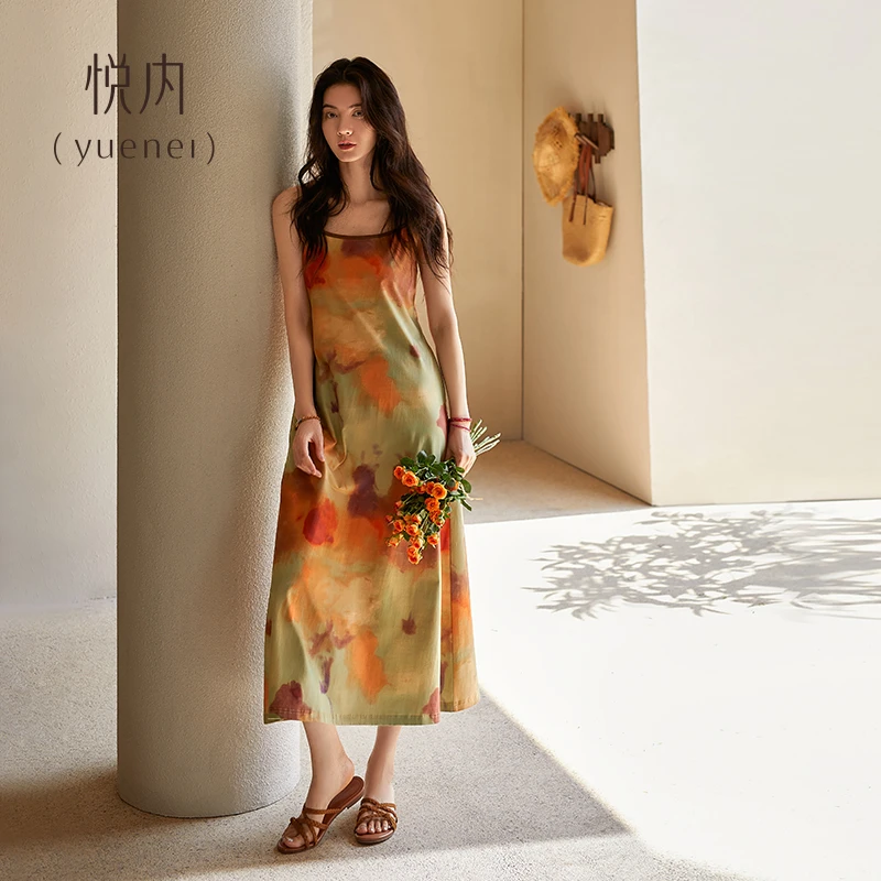 悦内带胸垫睡裙女款睡衣夏季夏天莫代尔长款复古油画扎染吊带背心