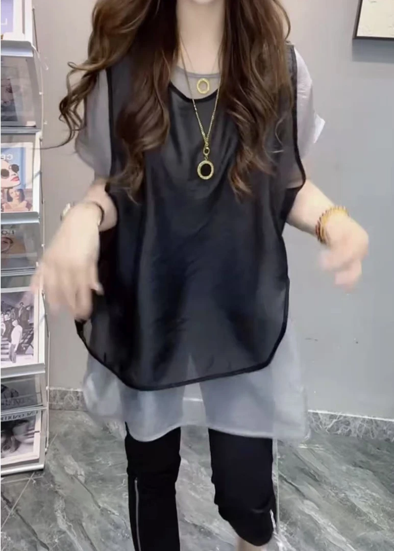 短袖常规拼接常规款吸汗T恤遮肚不规则真两件套