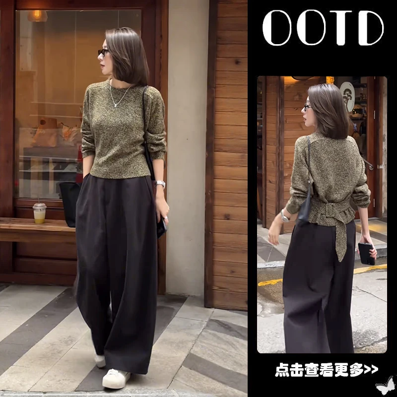 超火秋季穿搭一整套女2025新款圆领收腰针织衫百搭阔腿裤两件套