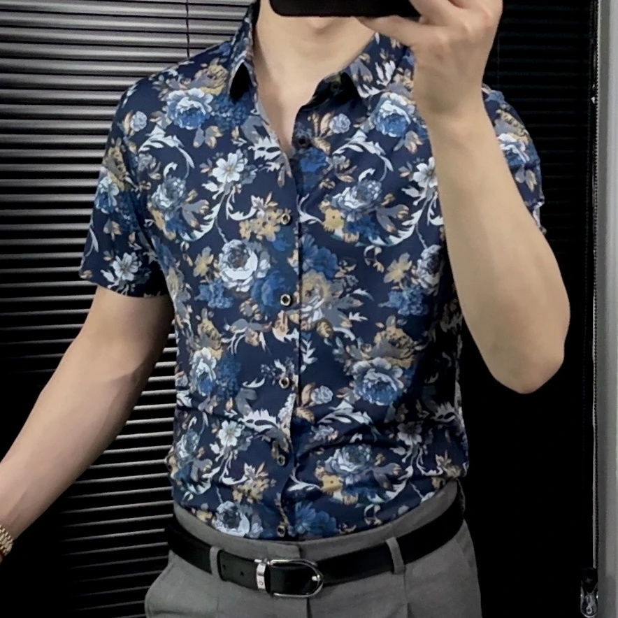桑蚕丝莱赛尔印花男士时尚百搭短袖格子衬衫轻奢品质