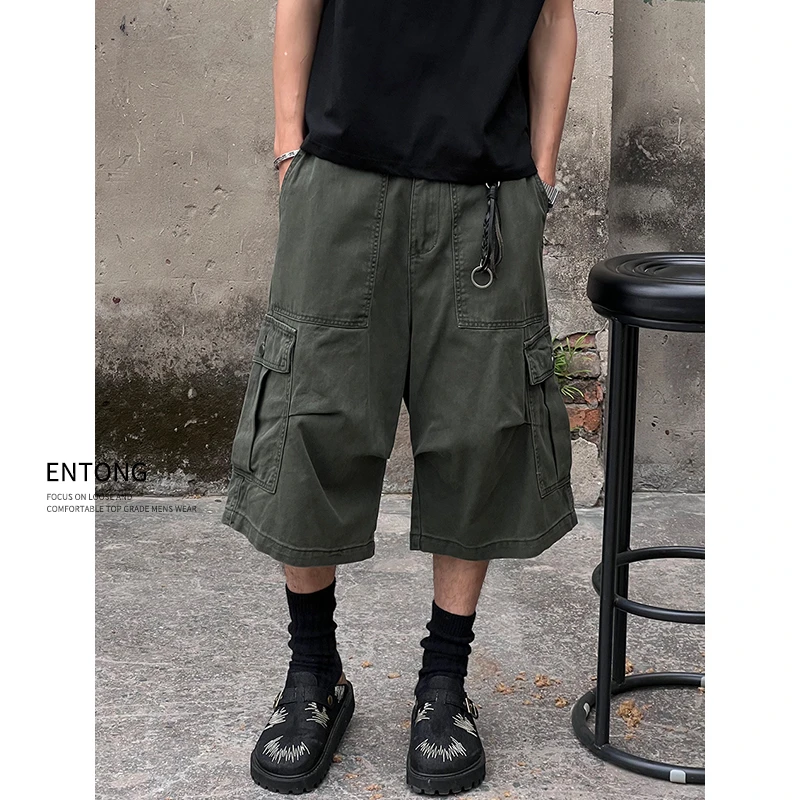 Entong高街美式复古褶皱潮牌阔腿宽松七分工装休闲裤男直筒短裤子