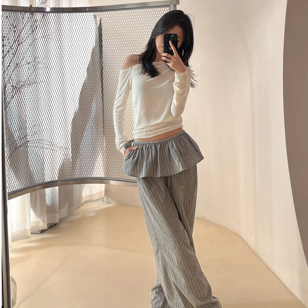 【VIINS】新款假两件条纹裤子女夏宽松时髦休闲花苞条纹裤0081