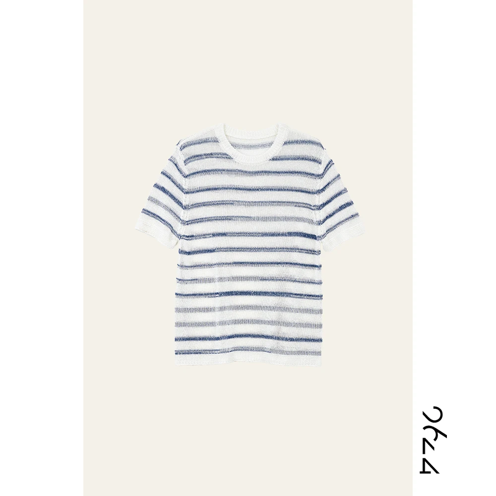 【轻风】进口和纸纱混色条纹超清爽！老钱休闲女装条纹圆领T恤3531