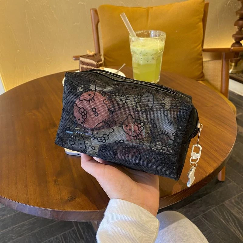 新款韩版风植绒网纱简约小化妆包彩妆收纳包便携式化妆袋洗漱包