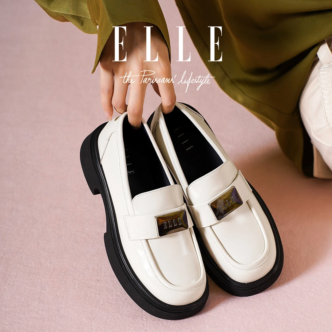 ELLE四季可穿软皮厚底乐福鞋女爆款单鞋一脚蹬女鞋百搭英伦小皮鞋