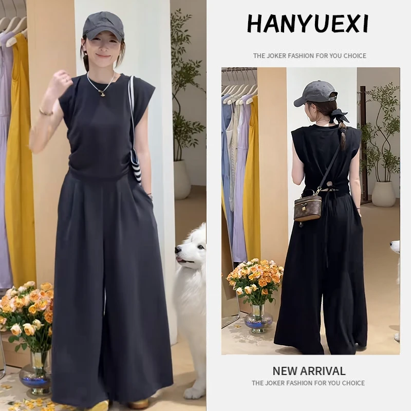 夏季时尚一整套女装2025新款抽褶后背短袖T恤休闲阔腿裤两件套潮