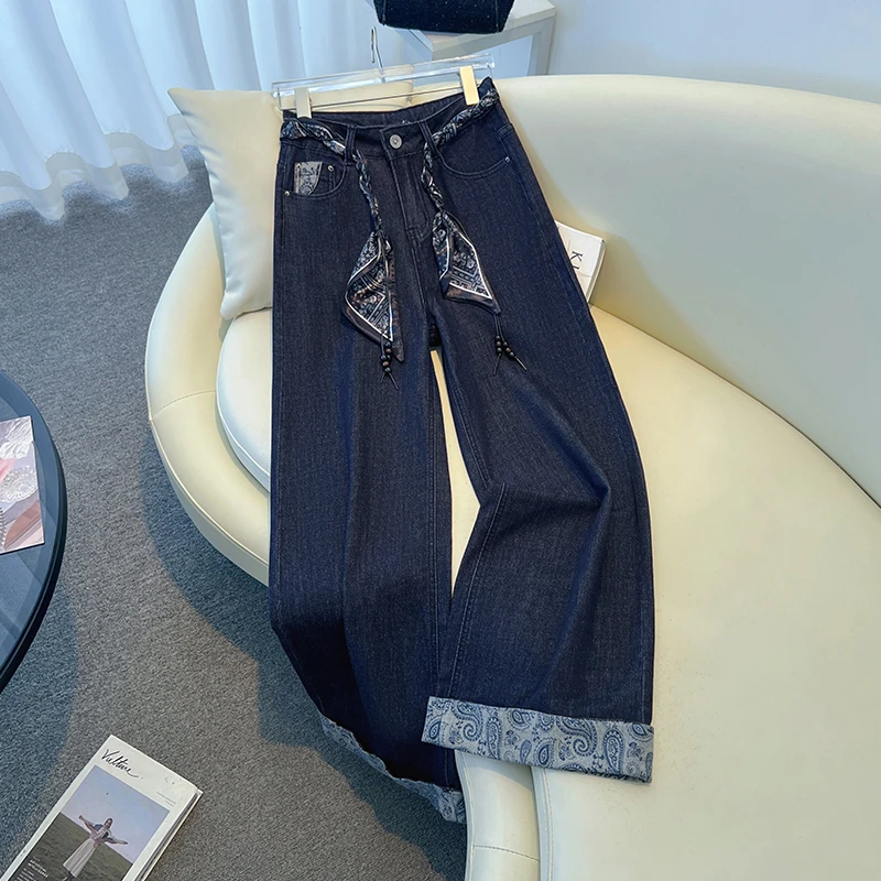 拉夏贝尔时尚直筒牛仔裤女秋冬2025年新款卷边条纹丝带九分阔腿裤