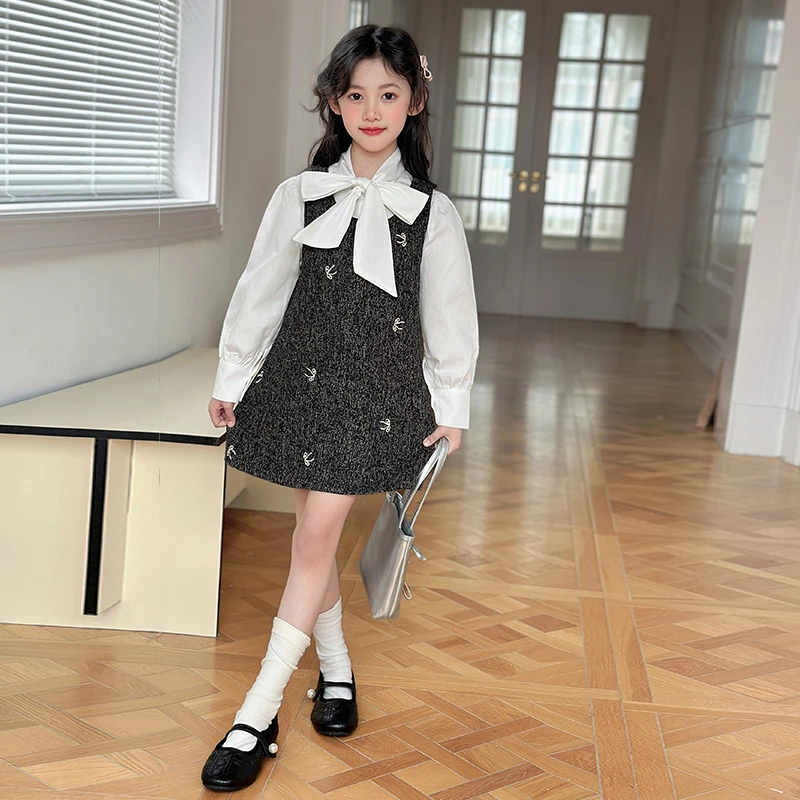 女童纯色套头刺绣韩版春秋拉链女套装小香风连衣裙中大童洋气