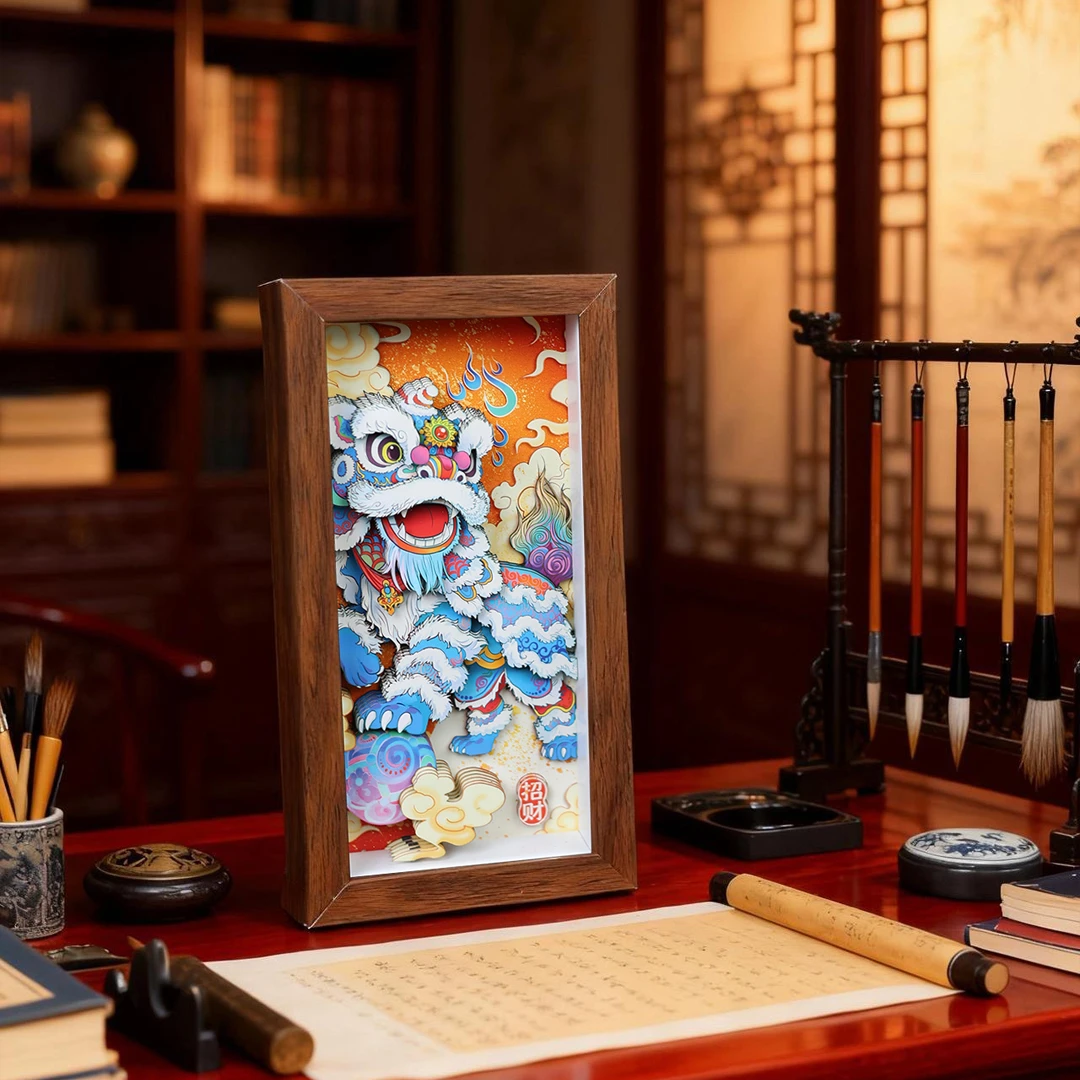 蓝醒狮剪纸立体桌面摆台画中式国潮文创装饰画客厅玄关相框摆件