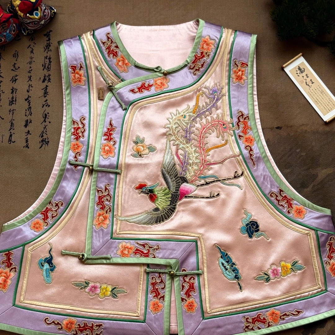 粉色拼色老绣手绣圆领刺绣薄款中长款无袖斜襟上衣苗族女装国风