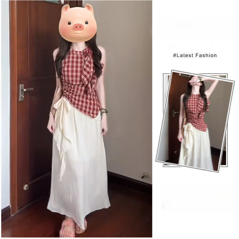 老钱风松弛感女装贵气K纯欲风辣妹套装女2025夏季新款韩版红色格