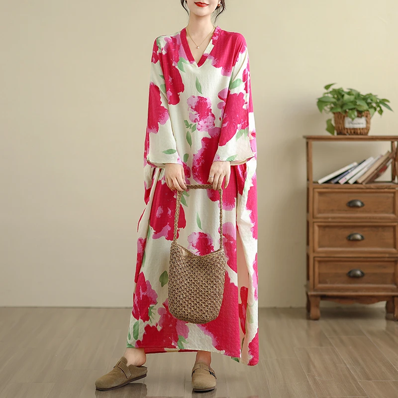 复古花色度假风旅游玫红色花V领长裙2025秋季薄款遮肉棉麻连衣裙