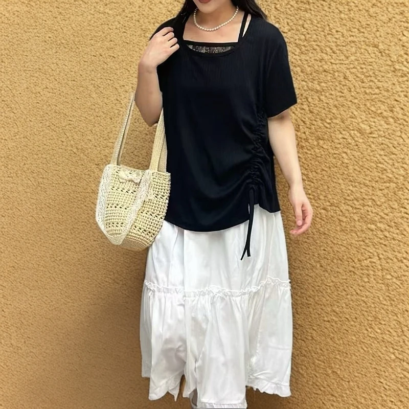 妮妮家9905夏季新款高级感法式甜美假两件挂脖短袖T恤