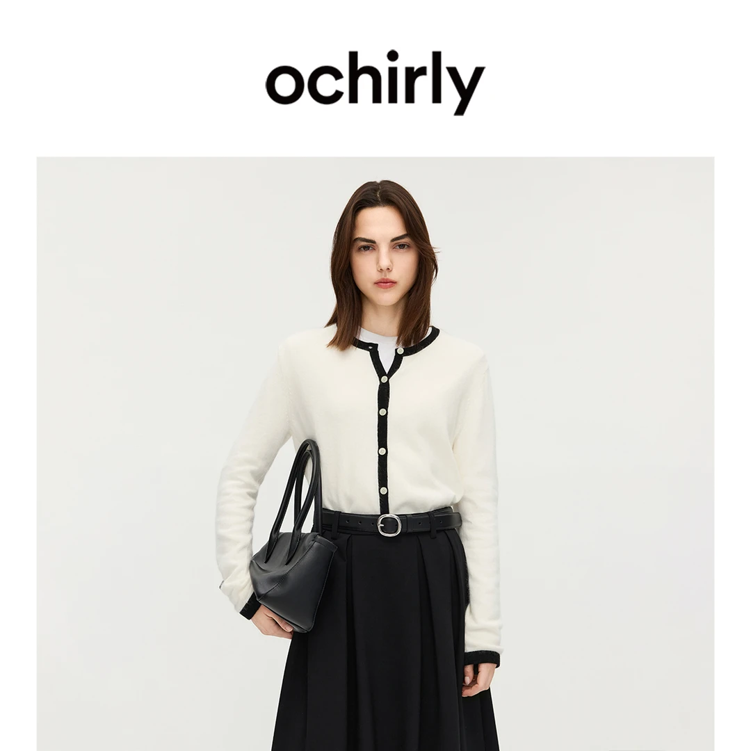 【季末折扣】欧时力 兔绒撞色针织外套开衫毛衣软糯保暖2025秋冬