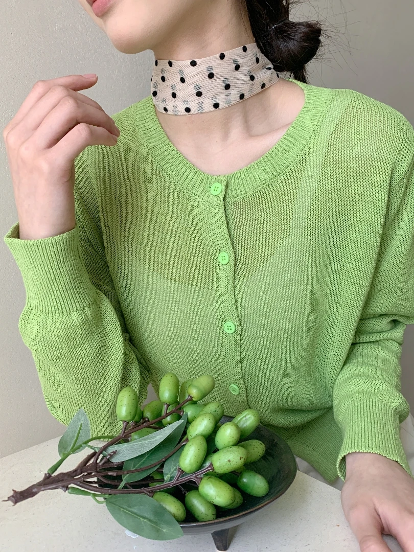 【潘潘.918833】2025年夏季奶油色气质岛国进口和纸圆领针织开衫