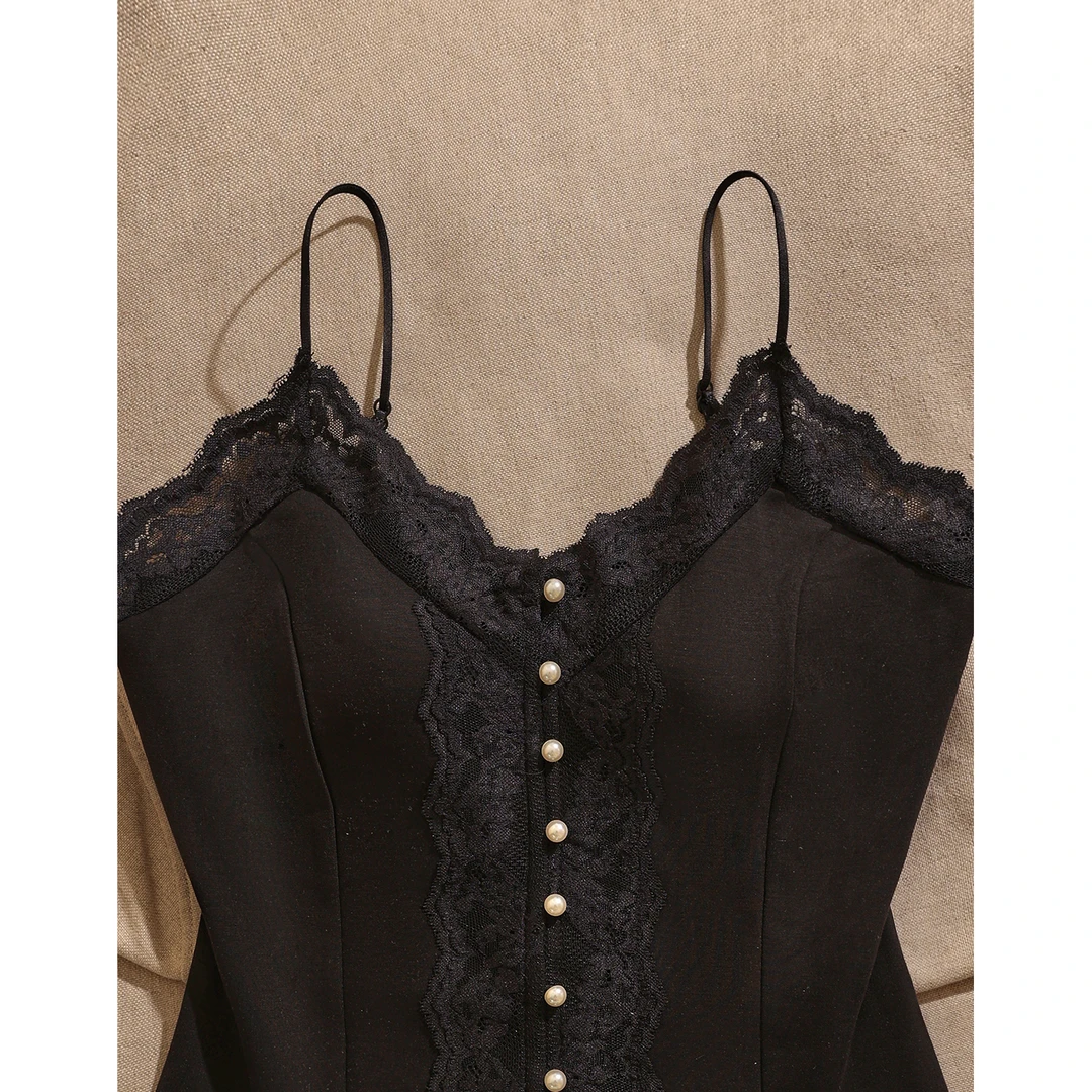 法式性感蕾丝花边V领吊带背心女黑色修身外穿高级感上衣奢华潮流