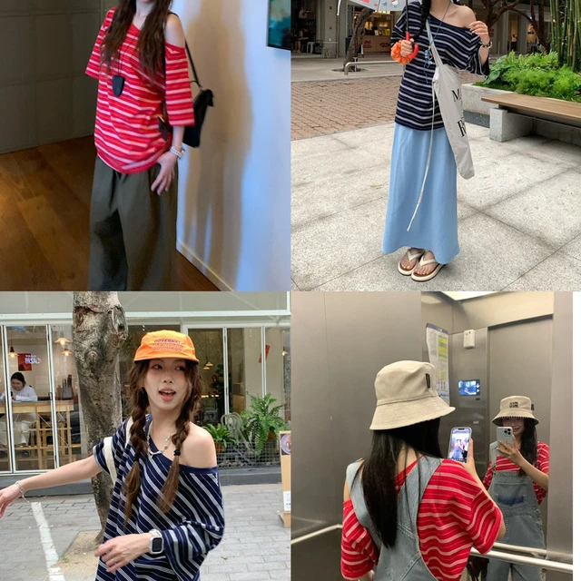 美式复古宽松条纹露斜肩短袖上衣2025夏季新款学院减龄休闲T恤女