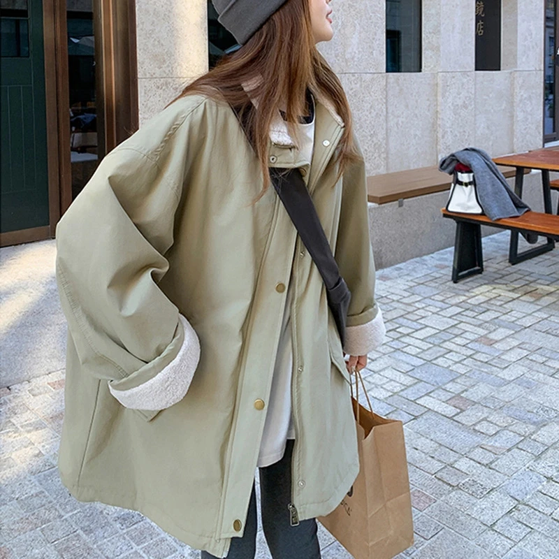 MN-冬季加绒工装派克外套女中长款韩版宽松休闲外套2024秋冬新款