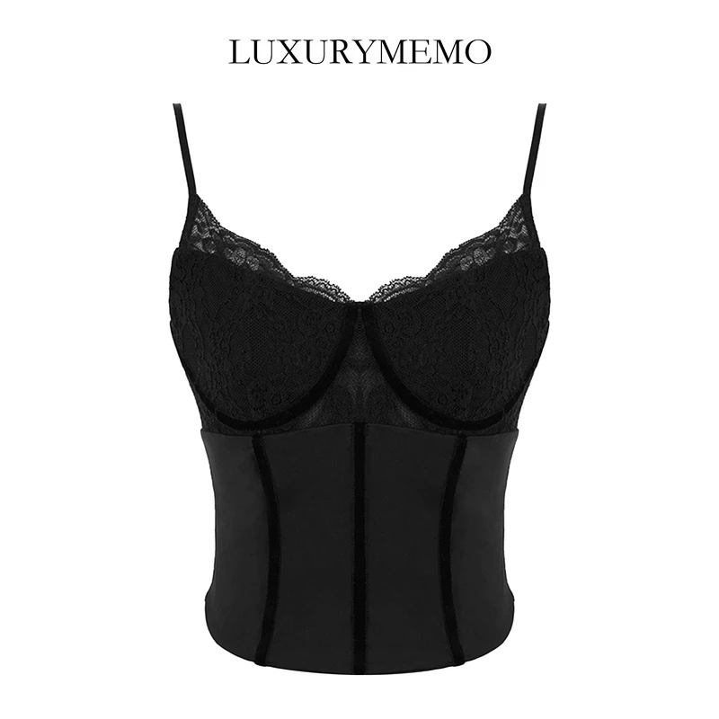 LUXURYMEMO【刘熊熊】黑色蕾丝吊带抹胸上衣含胸垫鱼骨塑身气质内