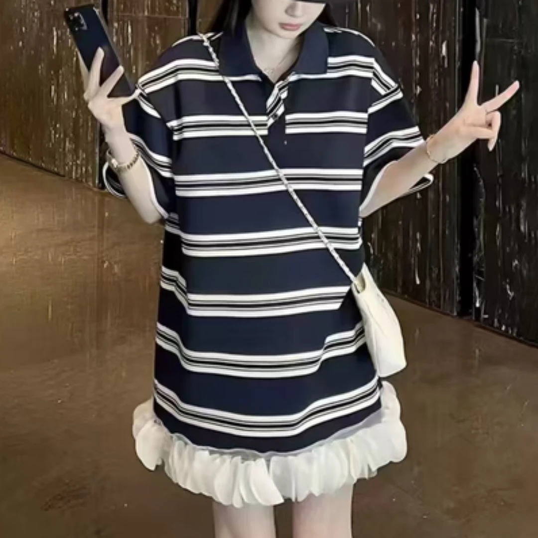 时尚慵懒夏季新款拼接蕾丝边撞色翻领条纹短袖连衣裙韩版休闲宽松