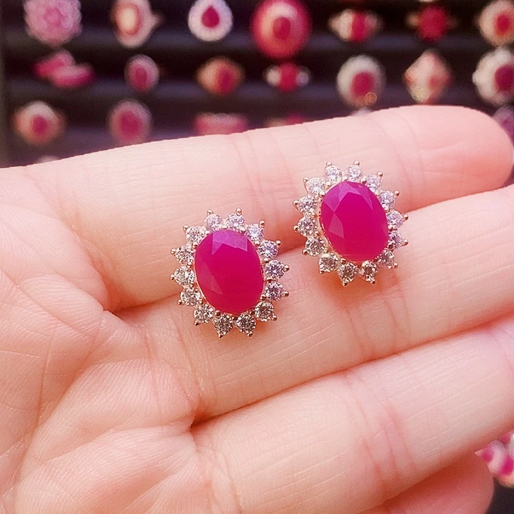 耳饰银S925镶嵌红宝石