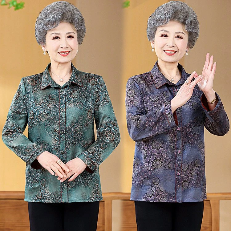 老年人奶奶长袖秋装衬衫老太太上衣老人春秋衣服薄款妈妈宽松衬衣