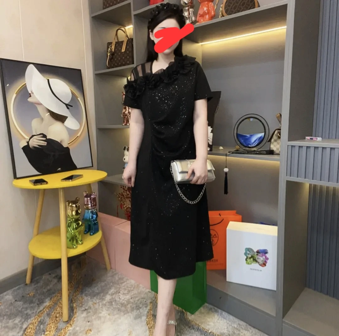 优雅风不褪色短袖夏季大码连衣裙斜肩奢华风常规