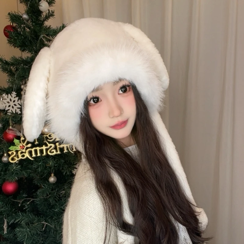 毛绒可爱兔子耳朵帽子女秋冬季新款保暖针织帽毛绒绒包头护耳帽
