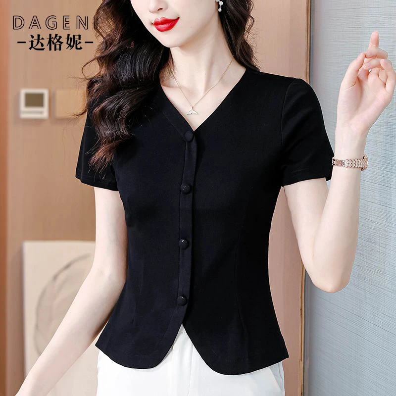 简约百搭黑色V领短袖t恤女2025夏季新款修身显瘦洋气开叉遮肚上衣