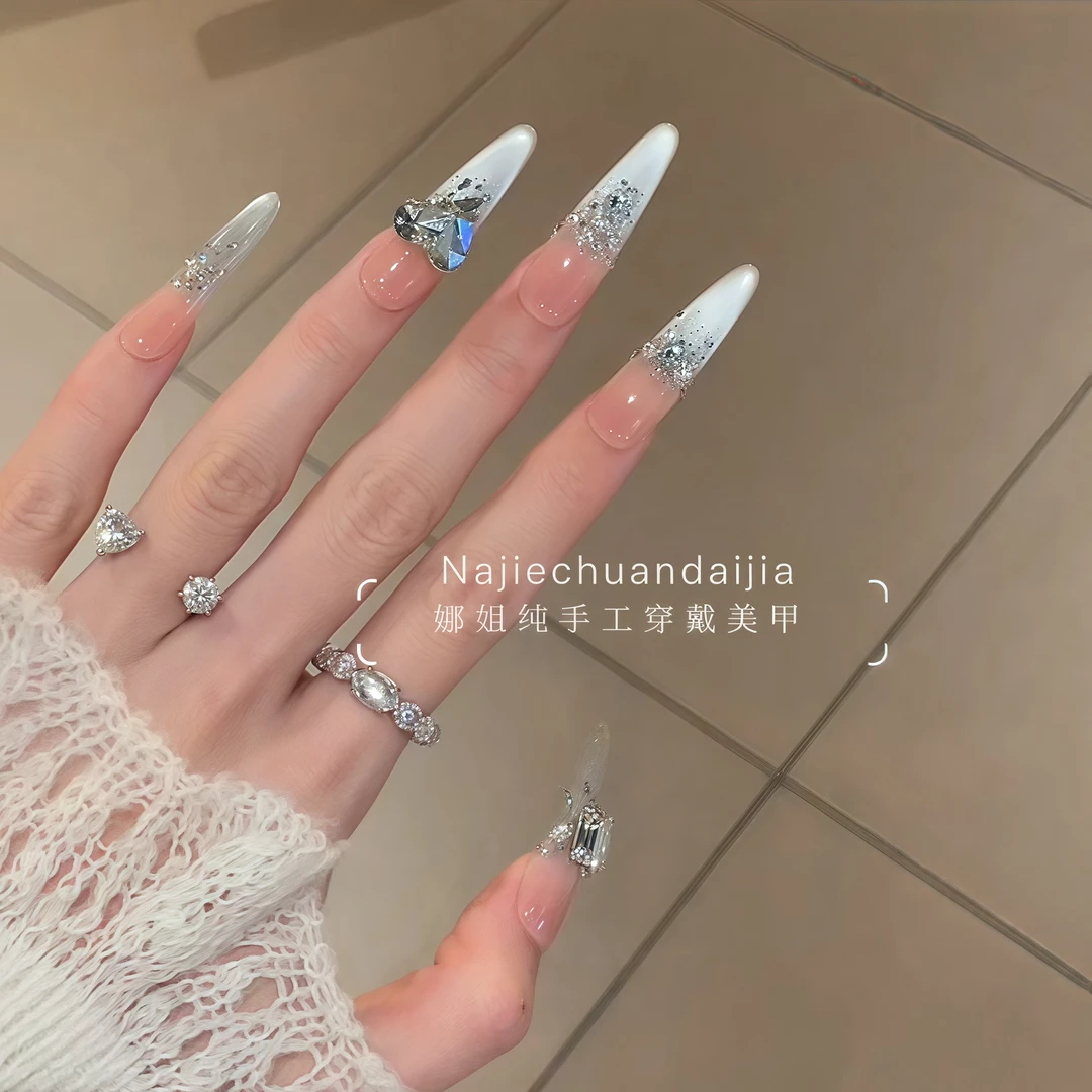 手工定制法式猫眼爆闪显白高级感蓝色海洋长款穿戴甲美甲