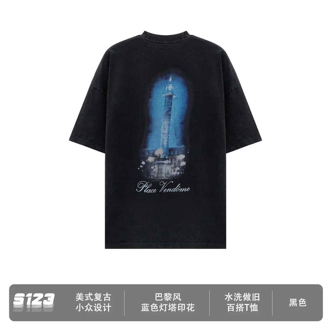 S123【蓝色灯塔】巴黎风美式复古水洗做旧夜景印花圆领短袖T恤男