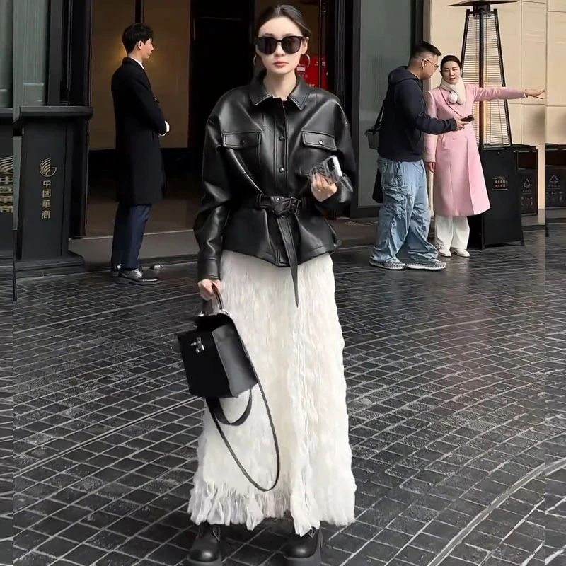 气质高级感黑色短款皮衣外套女2025春秋新款复古腰带收腰PU皮夹克