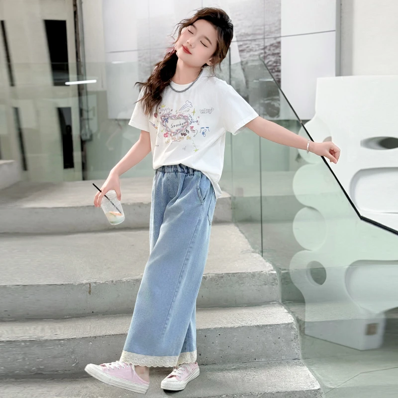 女童夏装套装2025新款洋气儿童短袖衣服小女孩夏季阔腿裤两件套潮