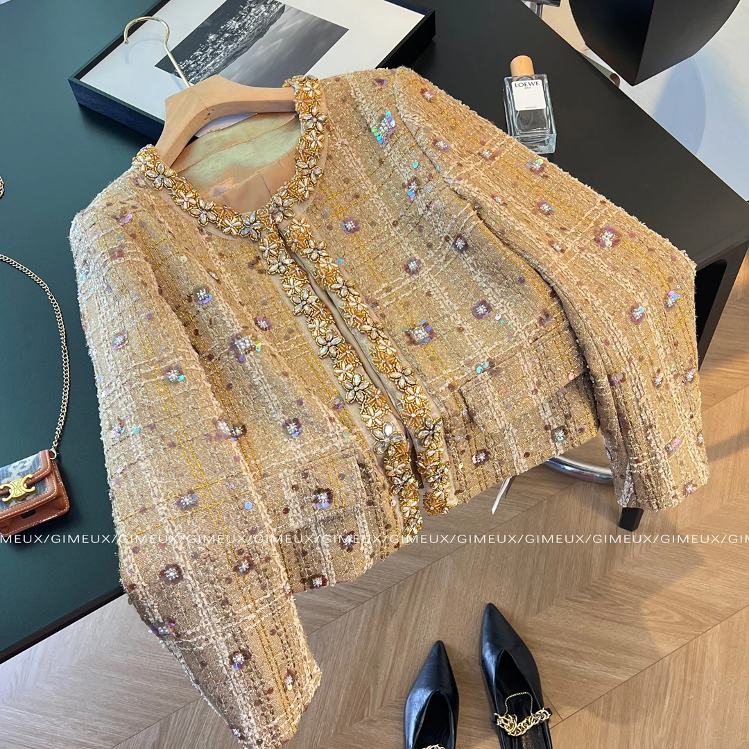 小香风重工钉珠亮片粗花呢外套女春秋季轻奢百搭高级感千金风上衣