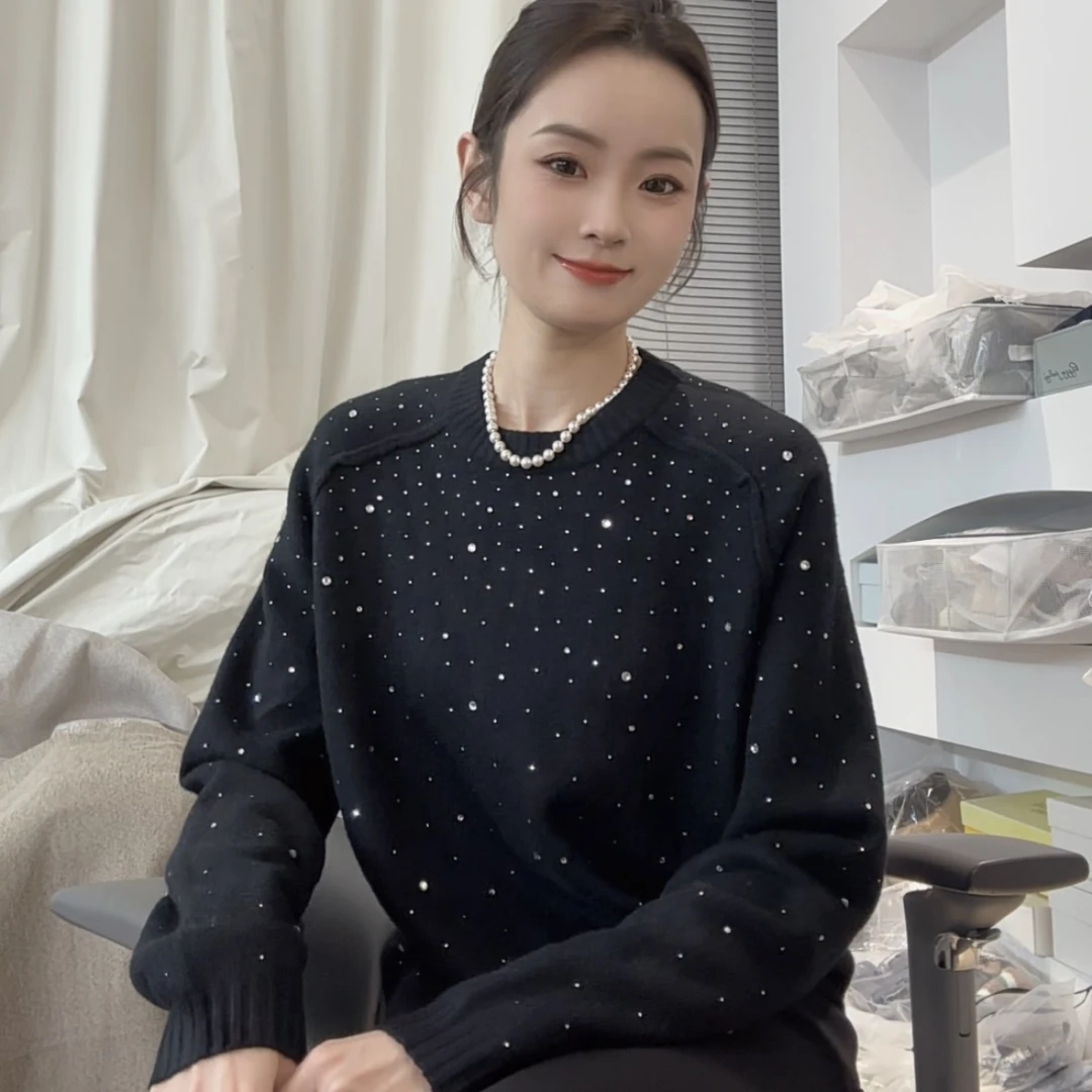 【星河】新款针织黑色丹宁风罗马风烫钻百搭衫女毛针织衫