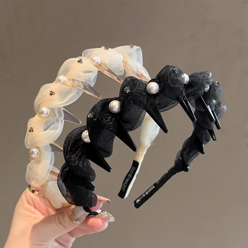 网纱发箍高颅顶齿梳防滑外出洗脸头饰发饰珠珠轻奢压发发捆头箍女