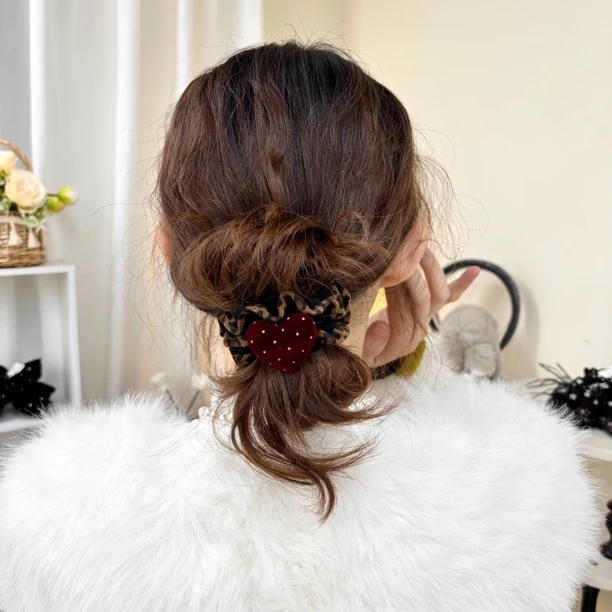 L142夕洛爱心豹纹日韩原创设计复古甜美风发圈发绳手工富家千金风