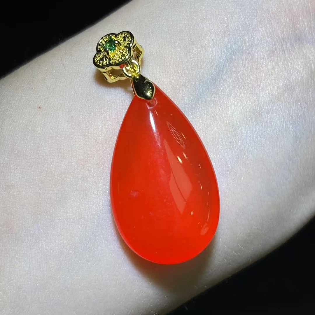 面面来财珠宝q-ST7794-红瑚阿咔玛瑙红水滴吊坠-配链