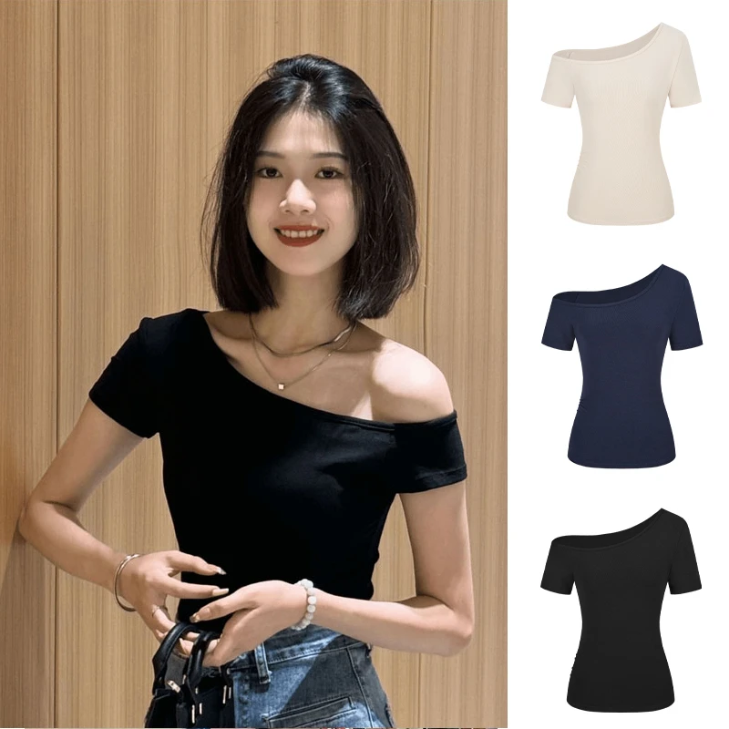 黑色露肩短袖t恤女装夏季新款修身显瘦不规则设计感小众辣妹上衣