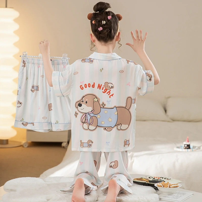YUZHAOLIN/俞兆林洋气可外穿女大童夏季短袖冰雪丝儿童睡衣三件套
