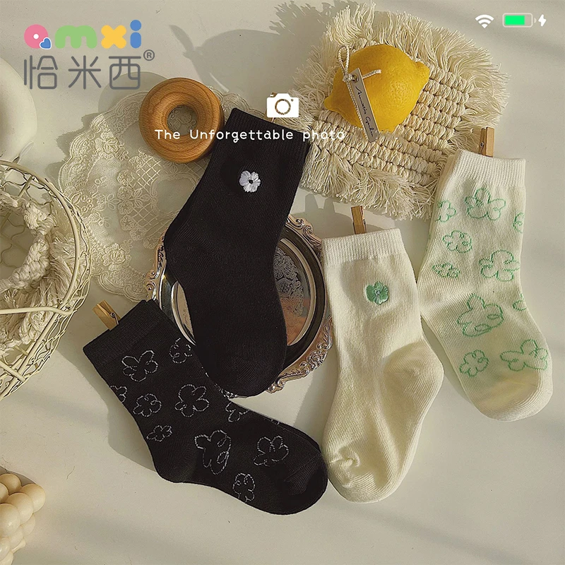 【福利】bo黑白刺绣韩系小花童袜花朵儿童袜女童短袜宝袜子中筒袜