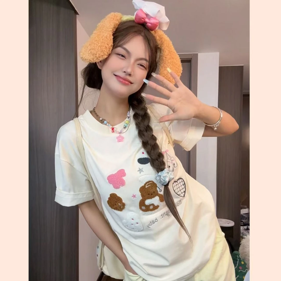 【刺绣晚安小熊】新款刺绣晚安小熊宽松短袖女可爱卡通百搭潮流t