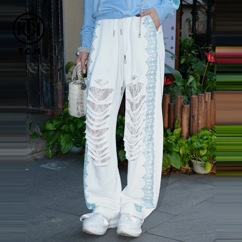 TCH-现货私服烫钻时尚休闲百搭薄直筒裤子休闲裤女T75A20E5096