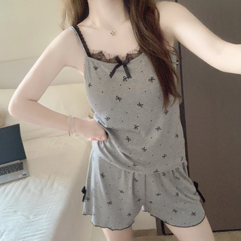 【带胸垫一体】睡衣女夏季2025新款吊带短裤莫代尔蝴蝶结家居服套装