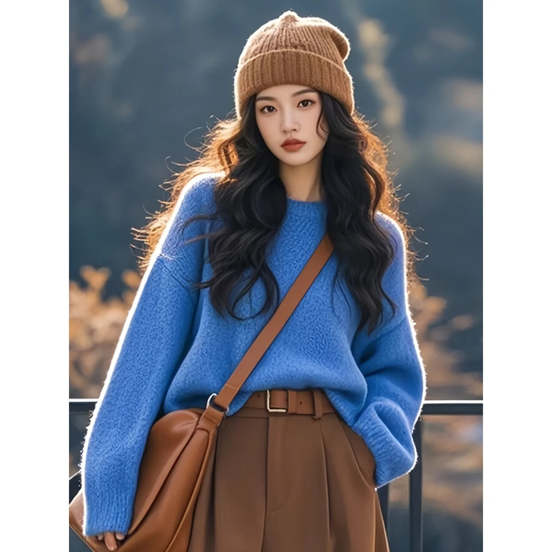 克莱因蓝宽松加厚毛衣内搭打底针织衫女2025秋冬季穿搭上衣