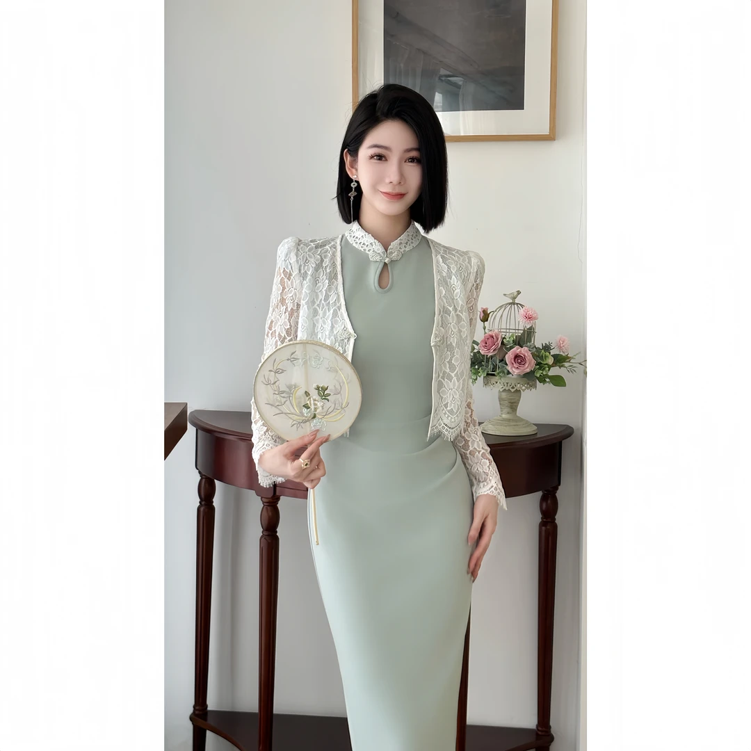 格娜春季新款2025气质新中式国风清新简约修身名媛设计感旗袍套装