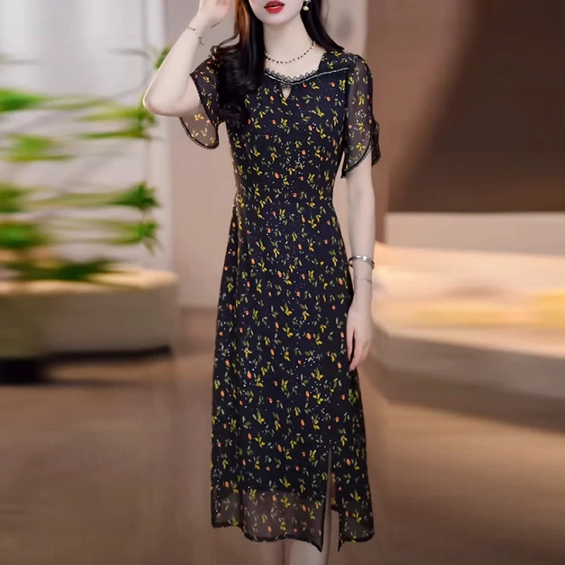 乔其丝轻奢女装2025夏季新款短袖时尚洋气质优雅法式碎花连衣裙子