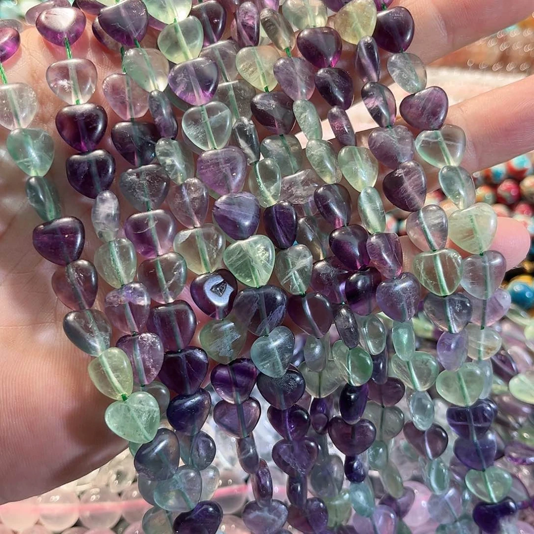 合金玛瑙/玉髓珠宝半成品彩萤石水晶爱心一条10mm